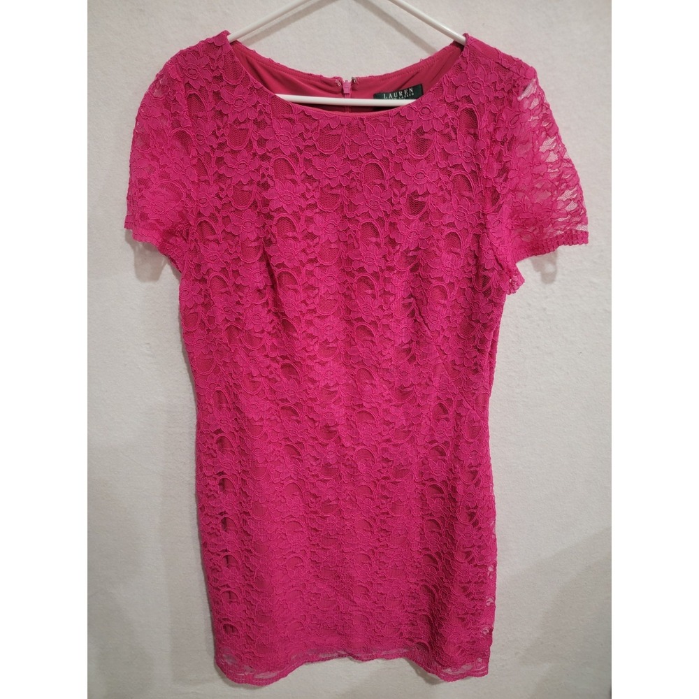 Lauren Ralph Lauren Fuchsia Pink Lace Sheath Dress Women's Size‎ 16 Short Sleeve